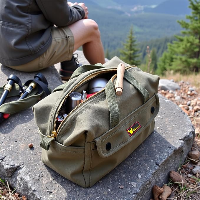 Waxed Canvas All Purpose Military Style Duffle Bag, Water-Resistant, Adjustable Strap, Fully Lined, Double Zipper Closure, heavy Duty, Olive Green