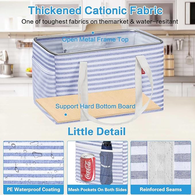 LHZK Standing Utility Tote Bag with Metal Wire Frame and the Sides Rinforced, Large Tote Bag with Handle, Reusable Grocery Bags Foldable, Beach Bag, Car Tote (Blue, 18.5''x11.8''x11.5'')