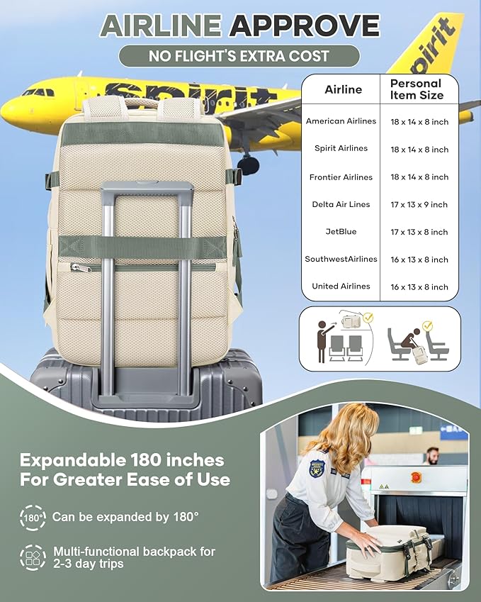 VECAVE Vacuum Travel Backpack with Pump for Women, Personal Item Carry on Backpacks Flight Approved 18x14x8 inches for Men,Laptop Waterproof Work Compression bags Casual Daypack BeigeGreen
