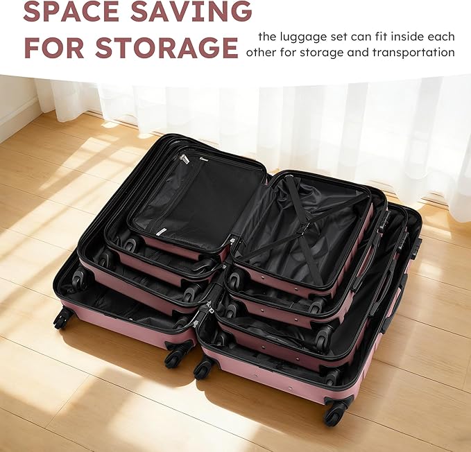 Suitour 4 Piece Luggage Sets, Hard Shell Suitcase Set with Spinner Wheels 16 20 24 28inch Travel Sets(Rose Gold)