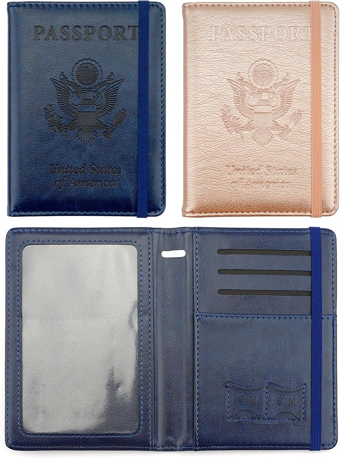 Passport Holder for Travel, 2 Pack Passport Cover, Waterproof Passport Wallet Leather Passport Holder Pen Holder Passport Holders for Women Men Family Travel Must Haves Essentials, Navy Blue+Rose Gold