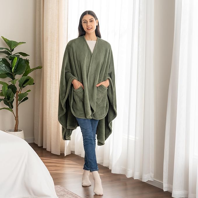 Berkshire Blanket Primalush™ Wearable Blanket, Cozy Loungewear Pocketed Plush Cape Wrap for Adults & Teens(Dark Sage, One Size 58"X64")