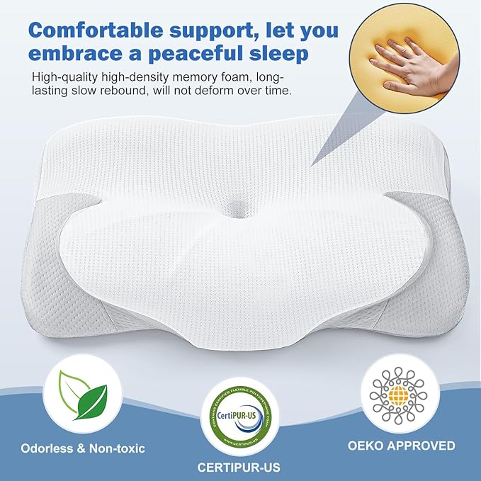 Cervical Neck Pillow for Sleeping - Cooling Ergonomic Memory Foam Pillow for Neck Pain Relief, Soft and Stretchy, Relieves Shoulder Pressure, Side Sleepers, Cooling and Breathable Ice Silk Pillowcase