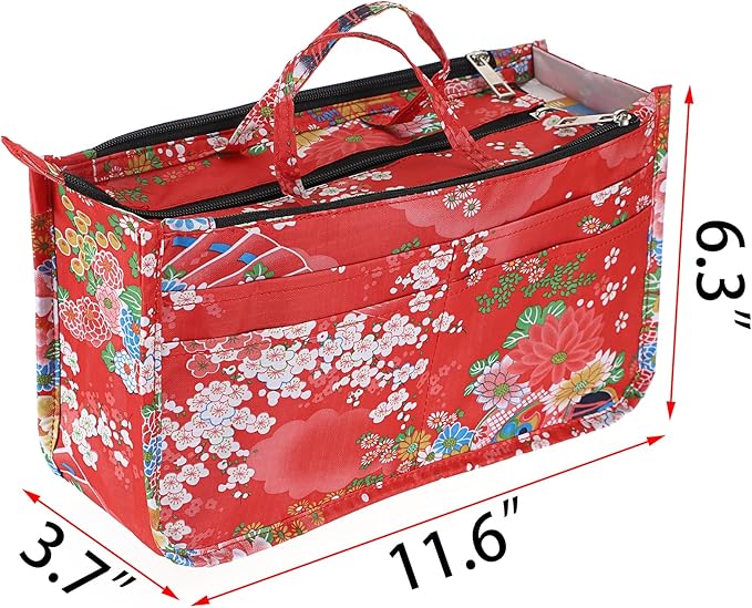 BTSKY Printing Handbag Organizers Inside Purse Insert-High Capacity 13 Pockets Bag Tote Organizer with Handle Fashion Style (Festive Flower)