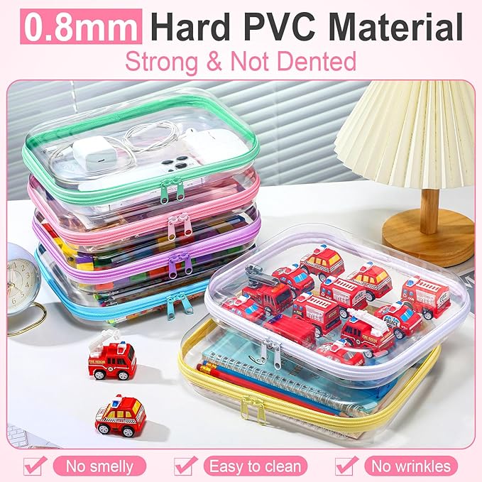 Sanwuta 6 Pcs Clear Hard Zipper Case Plastic Zipper Pouches Transparent Makeup Bag Pencil Case Pouches Toiletry Diaper Bag for Travel Toy Storage Organizer Bins(Colorful,9.84 x 7.87 x 2 Inch)