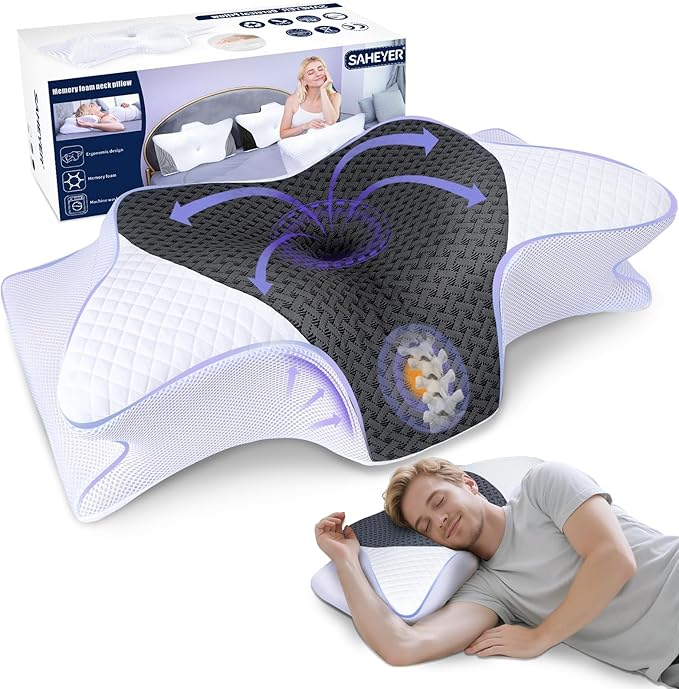 SAHEYER Cervical Neck Pillow, Memory Foam Pillow for Neck Pain Relief and Snoring, Ergonomic Pillow for Side Sleeper, 2 in 1 Orthopedic Pillow for Back and Stomach Sleeper, White