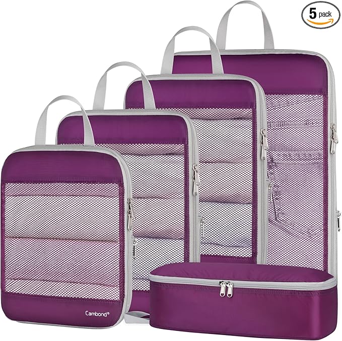 Cambond See Through Mesh Compression Packing Cubes - 5 Piece Expandable Space Saving Packing Cubes for Travel with Underwear Bag, Lightweight Luggage Packing Organizers for Suitcases, Purple