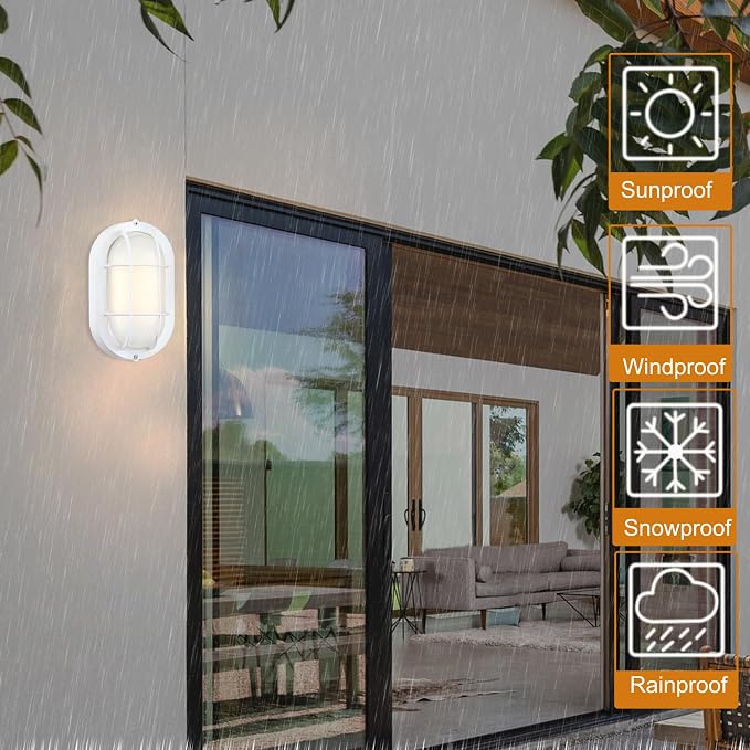 GRUENLICH LED Bulkhead Light Fixture, Aluminum Outdoor Wall Lantern, 8.5" | Oval Exterior Porch Light Wall Sconce for House Walkway Nautical Sauna, Dimmable 6W 600 Lumen, Glass, 3000K, White, 1 Pack