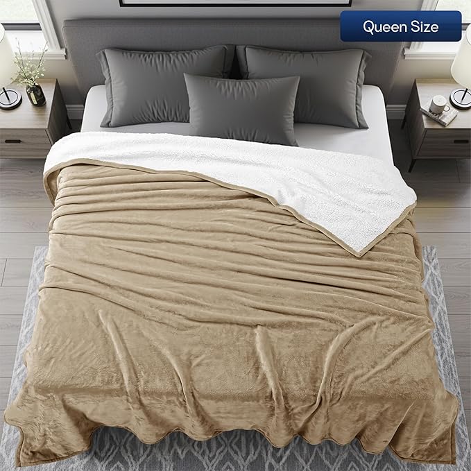 Utopia Bedding Sherpa Blanket Queen Size (Camel, 90x90 Inches) - Soft Lightweight Plush Fleece Reversible Blanket for Bed, Sofa, Couch, Camping and Travel