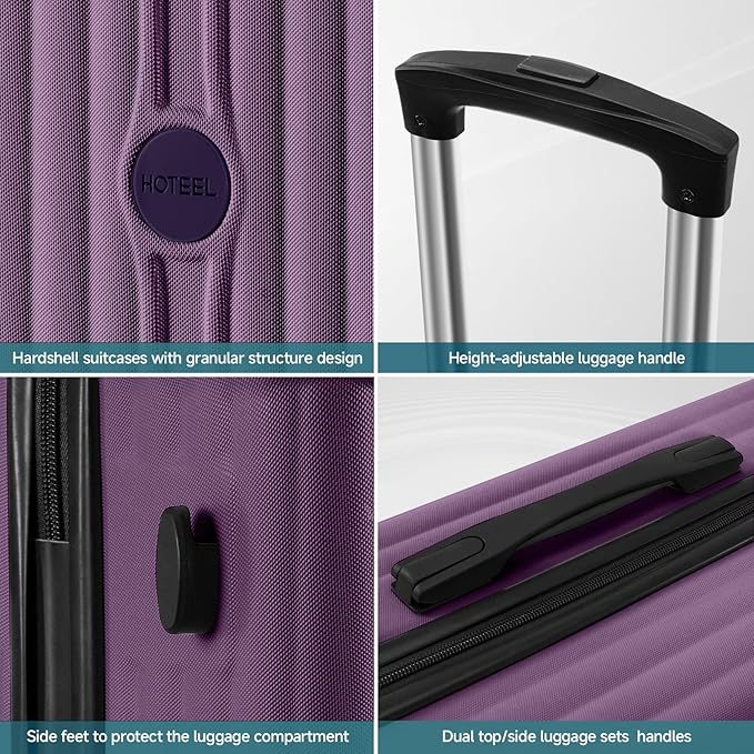 Hoteel 20Inch Luggage 3-piece Set, 360° Universal Suitcases with Wheels Hard Shell Suitcase with TSA Lock, Including Waterproof Luggage Bag, Travel Maletas for Men and Women,Purple