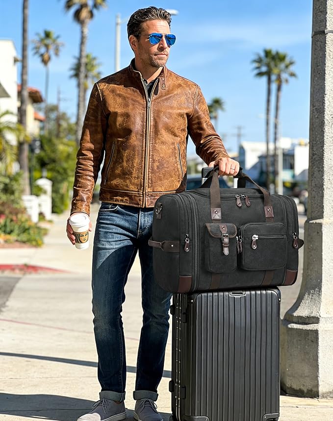Canvas Duffle Bag for Travel, 55L Weekender Overnight Bag for Men & Women, Vintage Carry on Bags for Airplanes