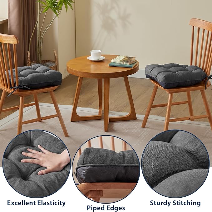 Chair Cushions for Dining Chairs, Seat Cushions for Kitchen Chairs, Indoor Seat Cushions with Ties, Tufted Foam Chair Pads, Non Slip Chair Cushions Set of 6, 15.5" x 15.5" x 4", Dark Grey
