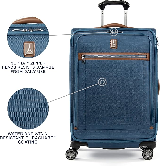 Travelpro Platinum Elite Softside Expandable Checked Luggage, 8 Wheel Spinner Suitcase, TSA Lock, Men and Women, Coastal Blue, Checked Medium 25-Inch