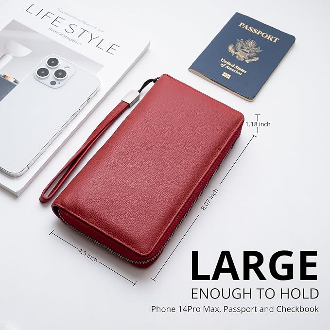 Bveyzi Women RFID Blocking Wallet Leather Zip Around Phone Clutch Large Capacity Ladies Travel Purse Wristlet | RFID Blocking, Zip Around, Large Capacity