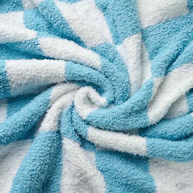 Checkered Throw Blanket, Light Blue Soft Cozy Fluffy Knitted Throw Blankets for Couch, Sofa, Bed, Chair, Warm Fuzzy Travel Picnic Lightweight Plaid Blanket, 50x70 inches
