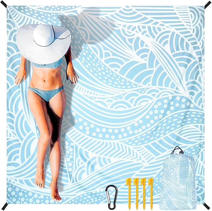 Beach Blanket Sandproof Extra Large Beach Mat Adults Waterproof Quick Drying Sand Free Mat Made by Premium Polyester with 4 Stakes & 4 Corner Pockets for Outdoor Travel Camping Hiking