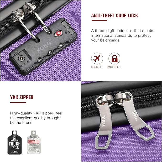 Kono 20" Carry on Luggage with Spinner Wheel TSA Lock, Lightweight PC+ABS Hardside Luggage Durable Small Carry on Suitcase Purple