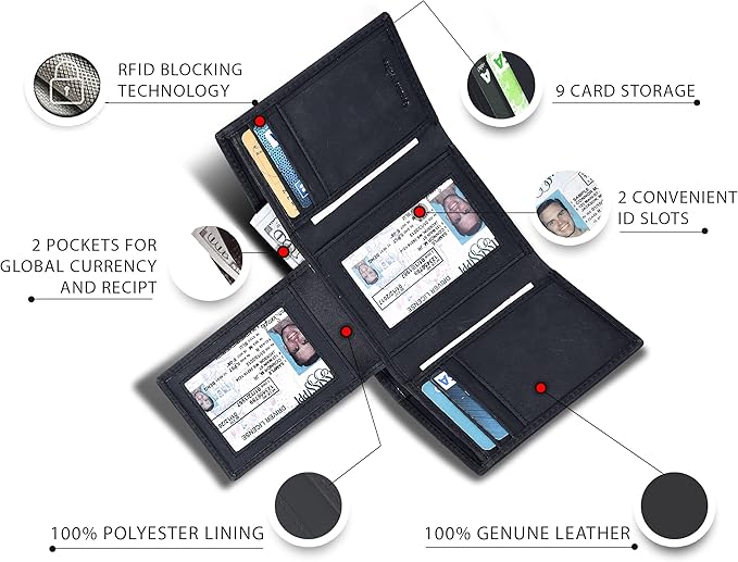 Real Leather Mens Trifold Wallet RFID Blocking Slim Minimalist Front Pocket - Thin & Stylish with ID Window in Gift Box
