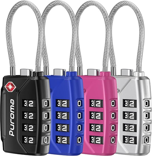 Puroma TSA Approved Luggage Lock, Multicolor 4 Digit Combination Travel Cable Locks Resettable Code Lock with Zinc Alloy Body for Suitcase, Backpack, Bag, Gym Locker (Black,Blue,Silver,Red-Violet)