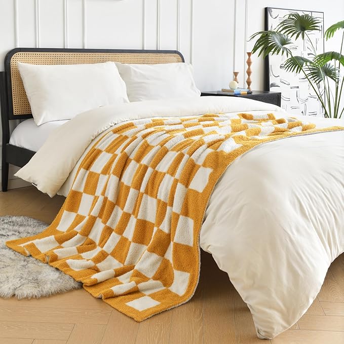 Checkered Blanket, Cozy Soft Throw Blankets for Couch Bed, Fluffy Plaid Lightweight Comfy Travel Picnic Blanket Gifts for Sofa Chair Living Room Camping (Yellow, Twin 60"x80")