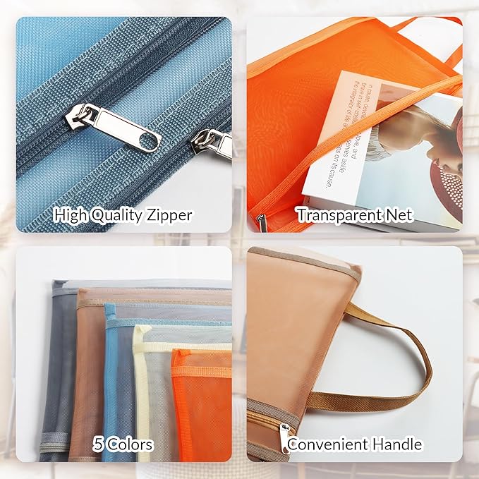 10 Pack Colored Mesh Zipper Pouch Bags with Handles, Double-Layer Nylon A4 Mesh Toy Storage Bags for Building Blocks, Puzzles & Toy Storage, Travel-Friendly Organizer for School, Office & Games