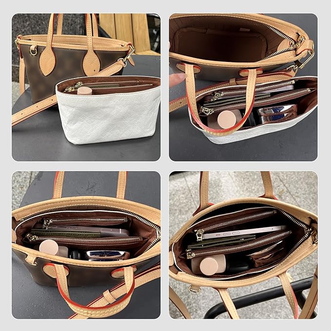Purse Organizer Insert Compatible with LV Neverfull BB, Premium DopontPaper Bag Organizer Lightweight Water Resistant Purse Insert Divider Shaper for Tote Handbags, White-brown/XS