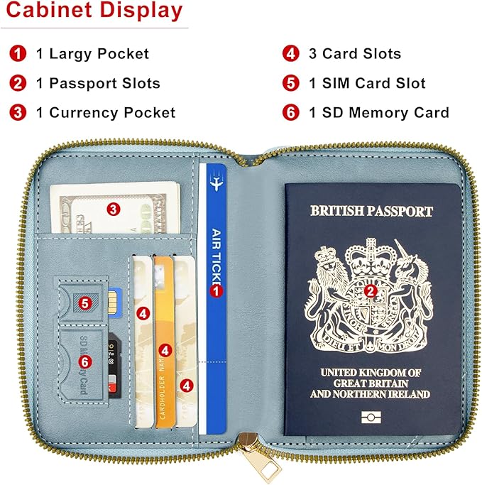 defway Passport Holder Travel Wallet - RFID Blocking Passport Holder Wallet, Full Zip Travel Card Cover with RFID Protection, Multi Slot Organizer for Cards Cash Documents Travel Essentials (Blue)