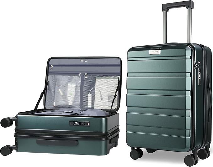 KROSER Carry On Luggage with Spinner Wheels & Built-in TSA Lock, Expandable Top Opening Hard Shell Suitcase Large Capacity Durable Rolling Luggage with USB Port, Carry-On 20-Inch, Dark Green