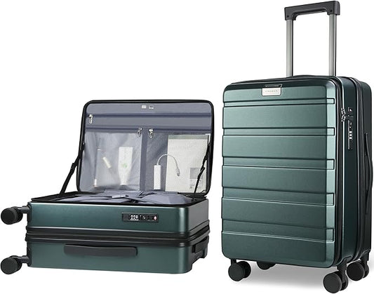 KROSER Carry On Luggage with Spinner Wheels & Built-in TSA Lock, Expandable Top Opening Hard Shell Suitcase Large Capacity Durable Rolling Luggage with USB Port, Carry-On 20-Inch, Dark Green