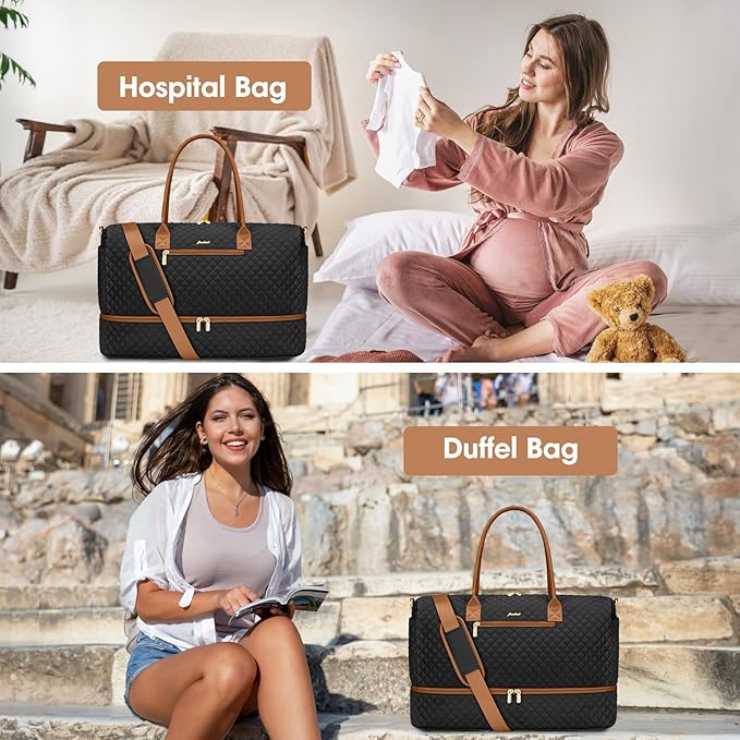 Travel Bag Weekender Bags for Women - Carry on Overnight Bag with Shoe Compartment Duffle Bag with Laptop Pocket Hospital Bag for Labor Delivery Gym Tote Bag with Toiletry Bag Black Brown