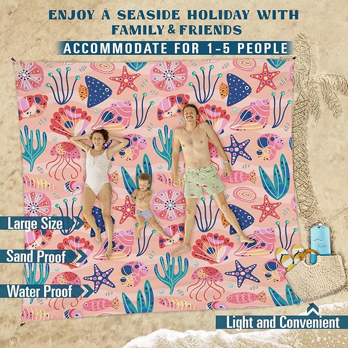 Beach Blanket Sandproof Waterproof 78''×81''1-5 Adults Oversized,Compact Lightweight Durable Beach Mat for Travel Camping Hiking Picnic Blanket