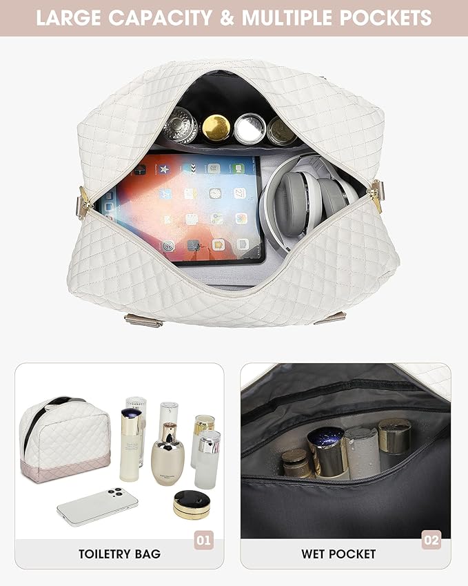 Travel Duffle Bag Weekender for Women: Travel Duffel Bag Carry-On Overnight Bag with Shoe Compartment & Wet Pocket Large Weekend Tote Bag with Gym Duffel Bag for Hospital Beige