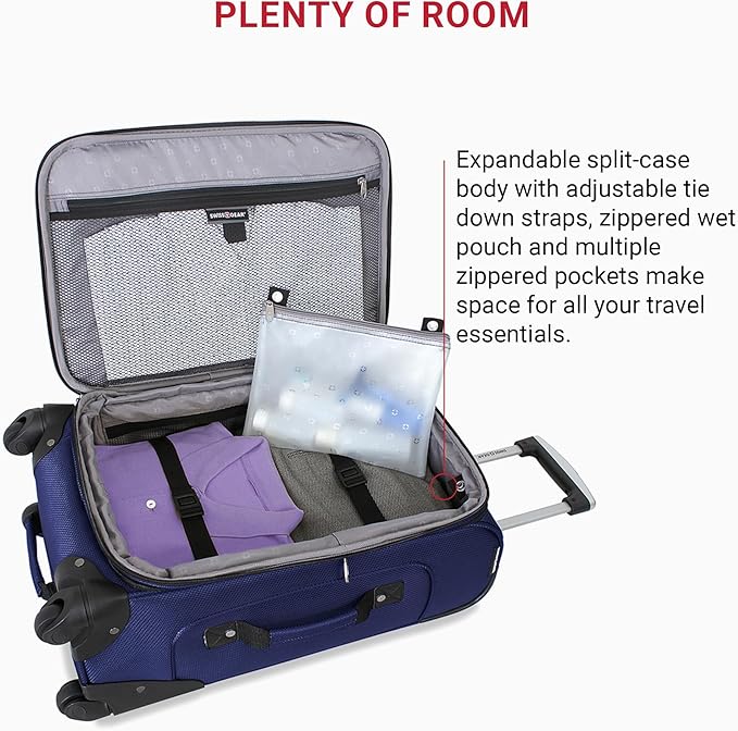 SWISSGEAR Sion Softside Expandable Spinner Luggage Durable Lightweight Travel Suitcase, Blue, Carry-On 21-Inch