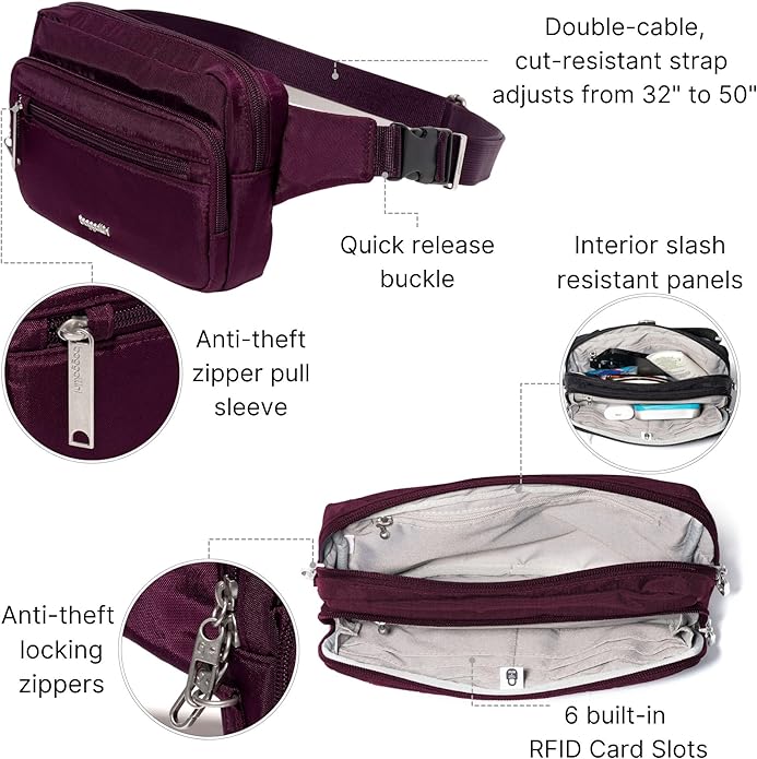 Baggallini Securtex Anti-theft Belt Bag 8.8"x5.5" Crossbody Fanny Pack for Women RFID Wallet Locking Zipper Travel Purse