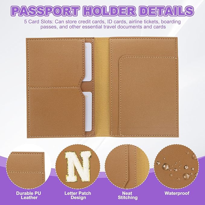 PATIKIL Passport Holder for Travel, Initial Passport Cover and Luggage Tag Set with Alphabet Chenille Letter Patch Travel Wallet Bag Suitcase Identifier for Women Family Travel Brown N
