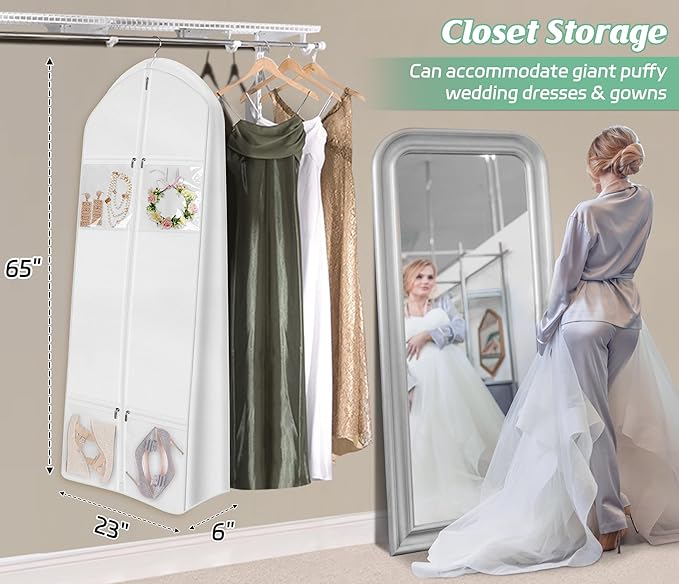 MISSLO 65" Wedding Dress Garment Bag with Bride Tote Bag 6'' Gusseted Dress Bags for Gowns Long 4 Pockets Wedding Dress Storage Bag for Women, White