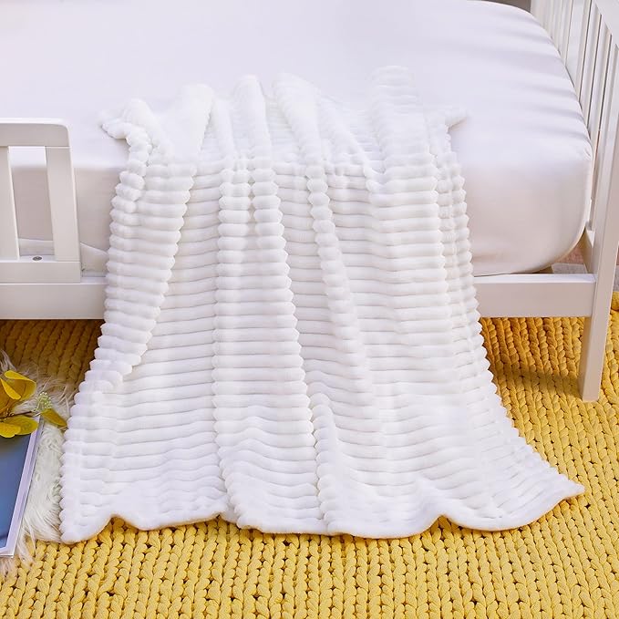 NTBAY Plush Flannel Oversized Baby Blanket, 50X60 Inches Soft and Warm Toddler Blanket with Striped Texture Nursery Bed Blanket for Stroller, Crib, Travel, Baby Gift, 50"x60", White