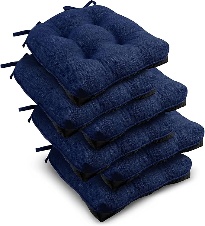 downluxe Indoor Chair Cushions for Dining Chairs, Tufted Overstuffed Textured Kitchen Chair Pads with Ties and Non-Slip Backing, 15.5" x 15.5" x 4", Royal Blue, 6 Pack