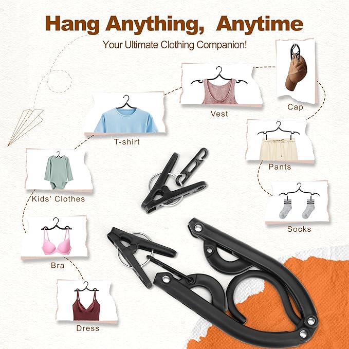 HOUSE DAY Foldable Travel Hangers 20 Pack w/10 Clips, Cruise Essentials 2025, Portable Hangers Collapsible Hanger Plastic, Travel Must Haves for Suitcase, Hotel, RV, Road Trip, Flying, Camping-Black