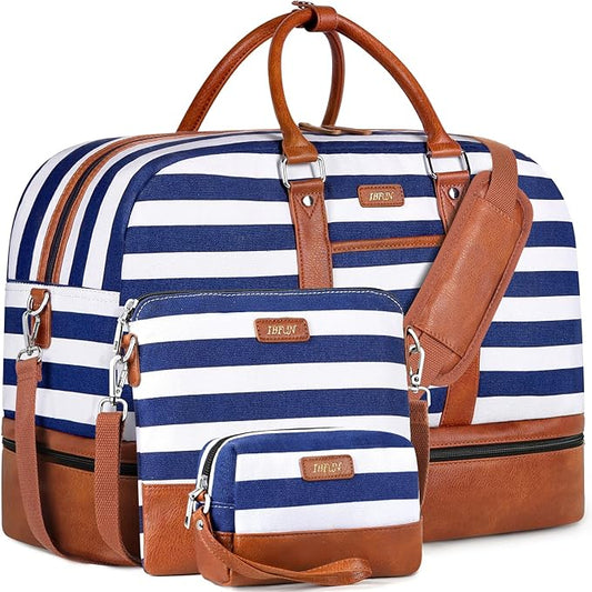 Weekender Bag for Women, Large Overnight Bag Canvas Travel Duffel Bag Carry On Tote with Shoe Compartment 21" 3Pcs Set