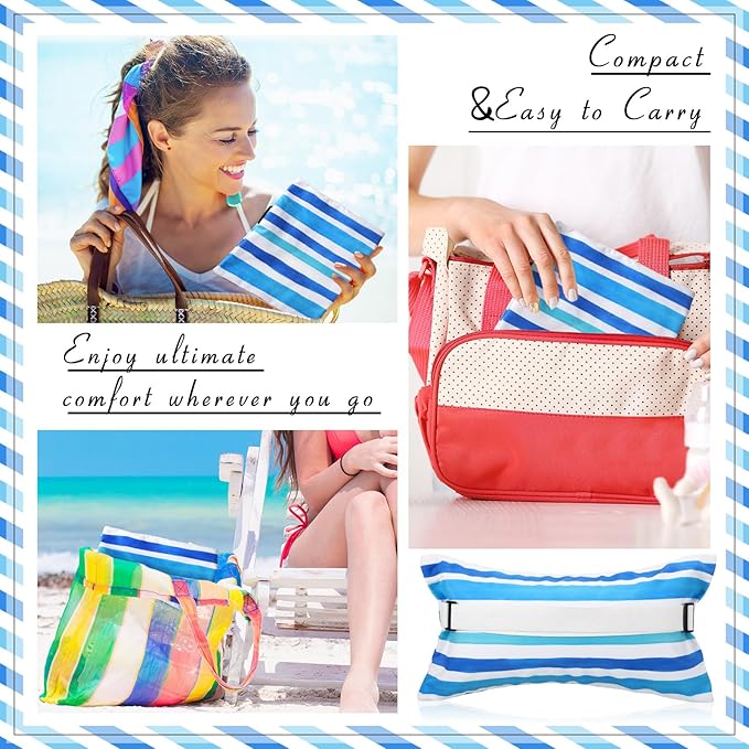 Menkxi 24"x15" Inflatable Beach Pillow with Removable Cover, Beach Chair Backpacking Pillow with Strap Stripe for Summer Sand Pools Travel Vacations(Blue White)