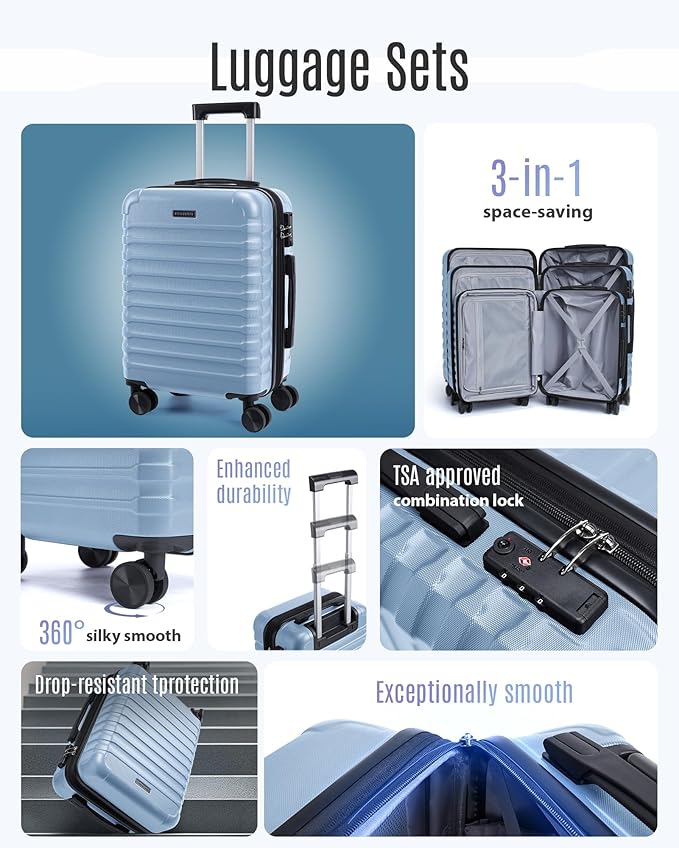 LIGHT FLIGHT Luggage Sets, 3 Piece Durable Suitcase Set with Spinner Wheels, 3 Pcs Hard Shell Lightweight Luggage with TSA Lock, Large Checked Travel Suitcases, 20/24/28 Inch,Light Blue