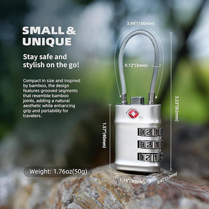 Luggage Locks TSA Approved, Small Padlock Combination with Cable, TSA Locks for Luggage, Combo Padlock with Code, for Travel Suitcase, Gym Locker, Gun Case, Backpack Zipper (Black+Silver)