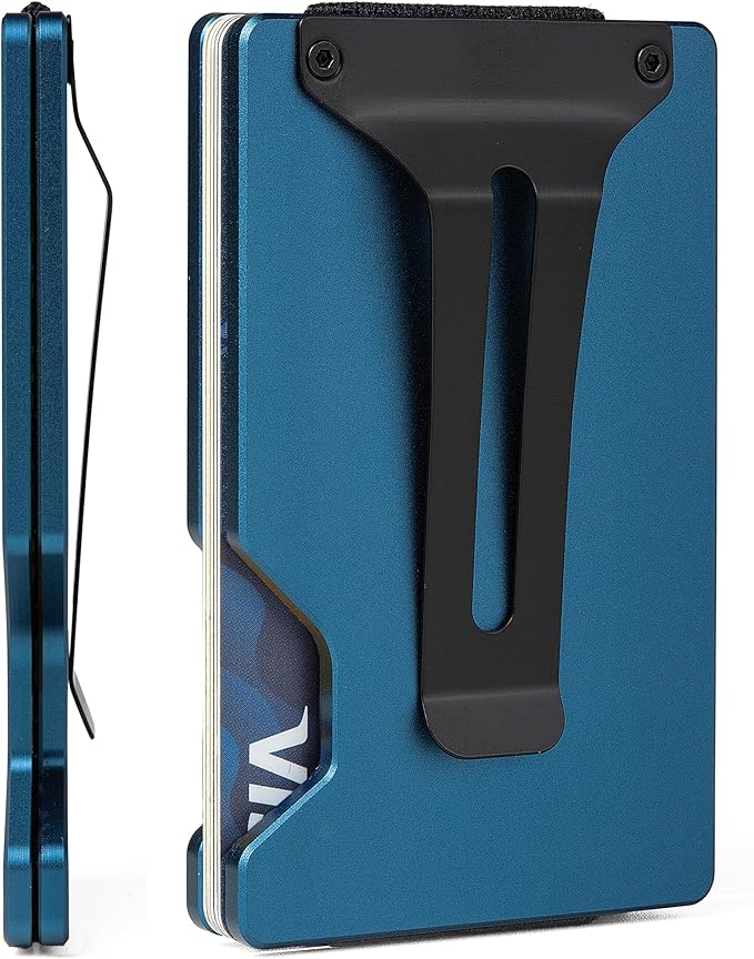Minimalist Carbon Fiber Wallet for Men, Money Clip Cash Strap Wallet, RFID Blocking Metal Wallet Aluminum Card Holder,Front Pocket Wallet(Matte Blue)