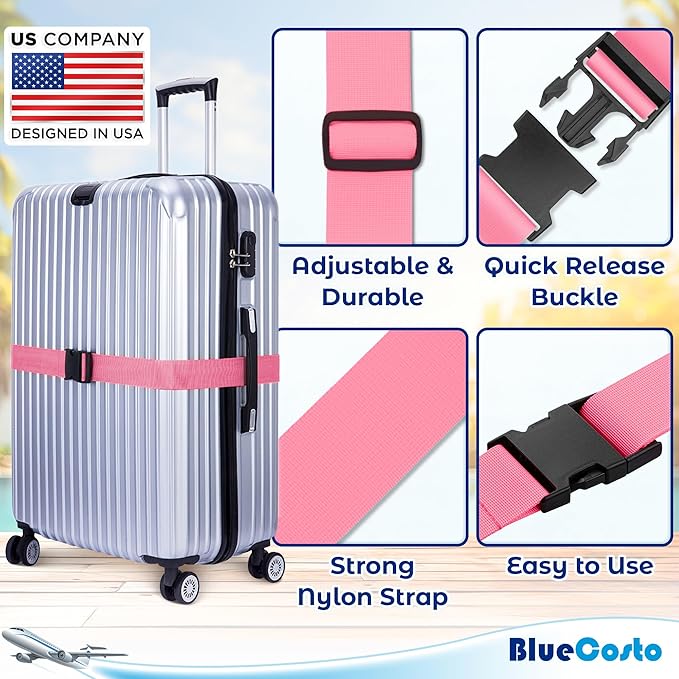 Luggage Straps for Suitcases - TSA Approved - Pink, 20 PK - Bulk Multipack Premium Nylon Belts for Suitcase, Briefcase & Travel Bag - Adjustable Strap Length 46" - 78"
