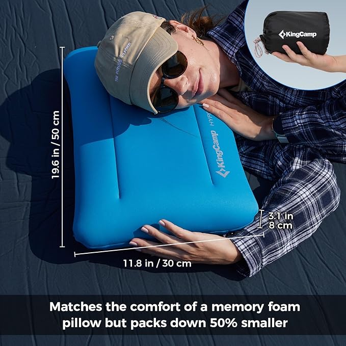 KingCamp Inflatable Pillow for Camping, Large(19.7" x 11.8") Camping Pillow, Ultra-Soft Camp Pillow with Washable Foam Cover for Home-Like Comfort, Hiking, Car, Beach, Travel