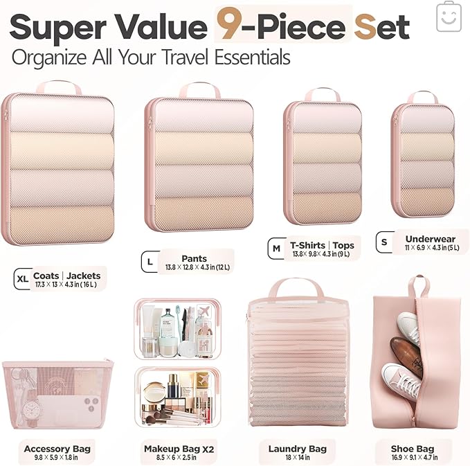 Veken 9/11 Set Compression Packing Cubes for Travel Essentials,Compressible Expandable Large Luggage Suitcase Organizer Bags for Clothing,Durable Space Saver Storage Bags with Toiletry Bags(Beige)