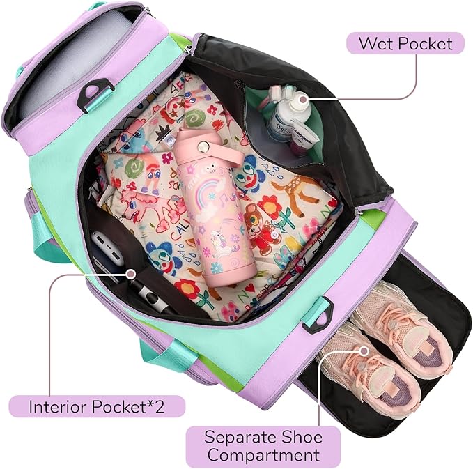WOOMADA Kids Duffle Bag for Boys or Girls,Weekender Overnight Bag with Shoe Compartment & Wet Pocket Perfect For School, Sports, Overnight Trips(Purple)