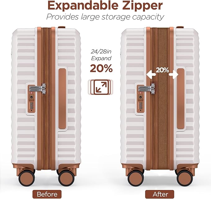 SHOWKOO Luggage Sets 3 Piece Hardside Expandable Suitcase with Double Spinner Wheels Tsa Lock Beige White (20in/24in/28)