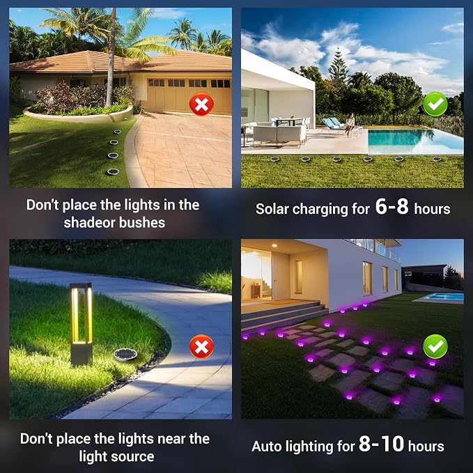 Solar Ground Lights Outdoor, 8 Pack Flat Solar Powered Disc Lights, IP68 Waterproof, Anti-Rust, Landscape Lighting for Pathway Garden Yard Lawn Walkway Landscape Driveway, Purple